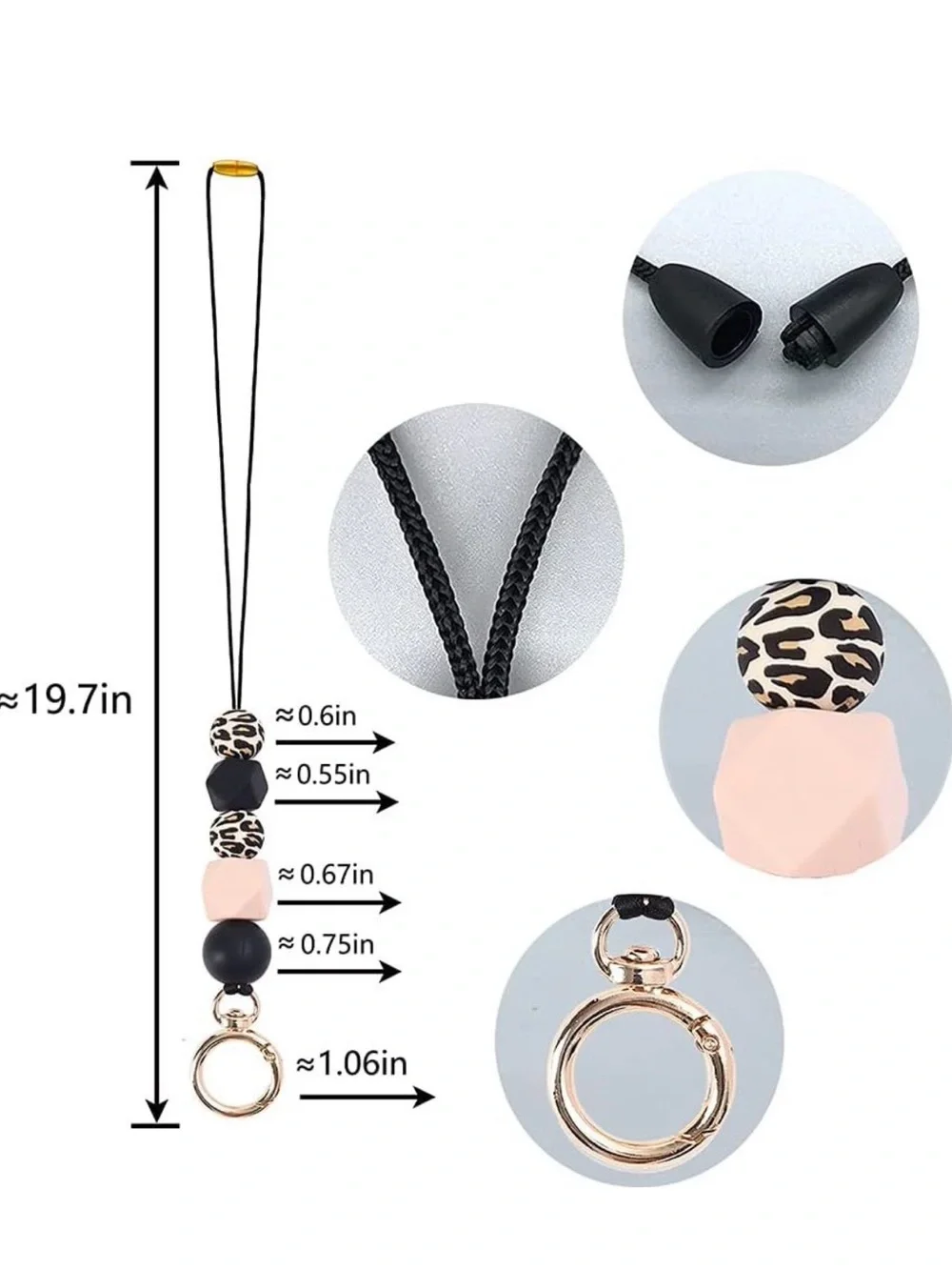 Leopard Beaded Lanyard Keychain ID Badge Holder Black Pink
